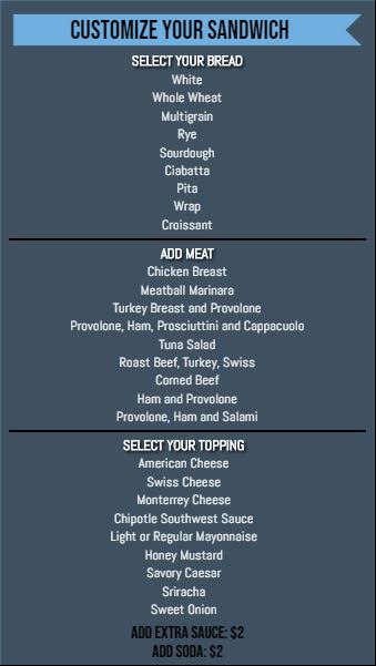 Vertical Build Your Own Menu  - 30 Items in Blue color