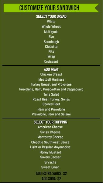 Vertical Build Your Own Menu  - 30 Items in Green color