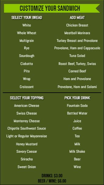 Vertical Build Your Own Menu  - 40 Items in Green color