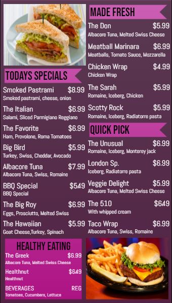 Vertical Digital Menu Board - 21 Items in Purple color