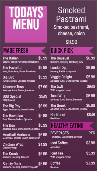 Vertical Digital Menu Board - 24 Items in Purple color