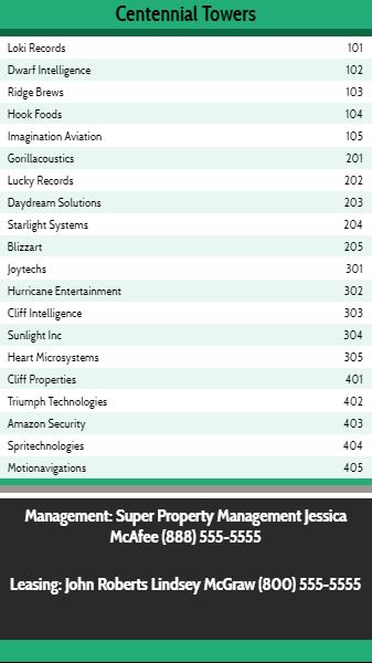 Vertical Lobby Directory - 20 Items in Green color