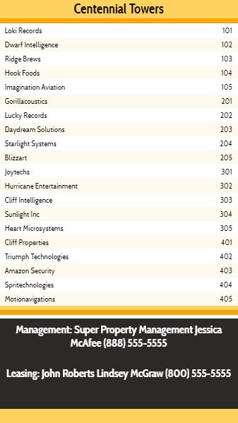 Vertical Lobby Directory - 20 Items in Yellow color
