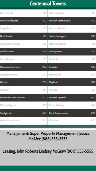 Vertical Lobby Directory - 30 Items in Emerald color