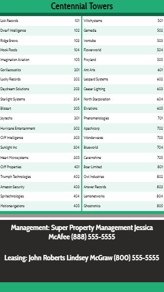 Vertical Lobby Directory - 40 Items in Green color