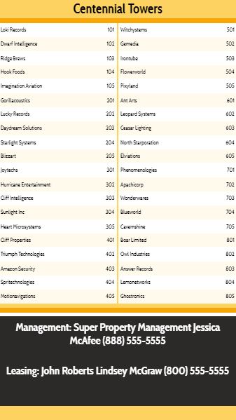 Vertical Lobby Directory - 40 Items in Yellow color