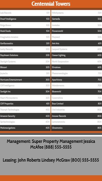 Vertical Lobby Directory - 40 Items in Orange color